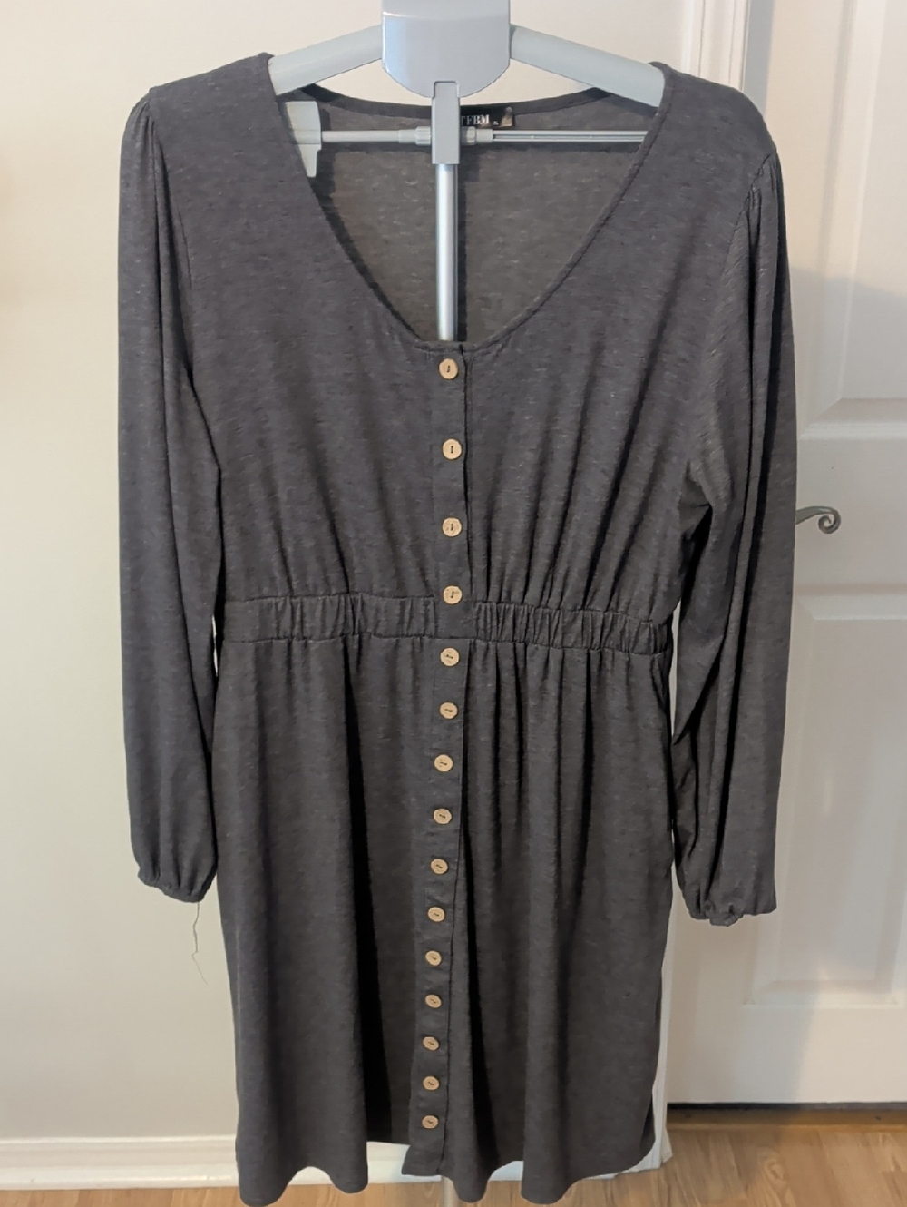 Long-Sleeve Button-Front Casual Dress in Charcoal